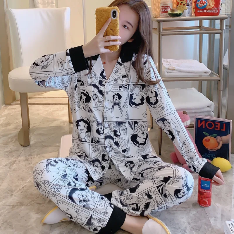 

2020 Spring New Style Cartoon Snow White Princess Fold-down Collar Cardigan Qmilch Pajamas Two-Piece Set WOMEN'S Home Clothes