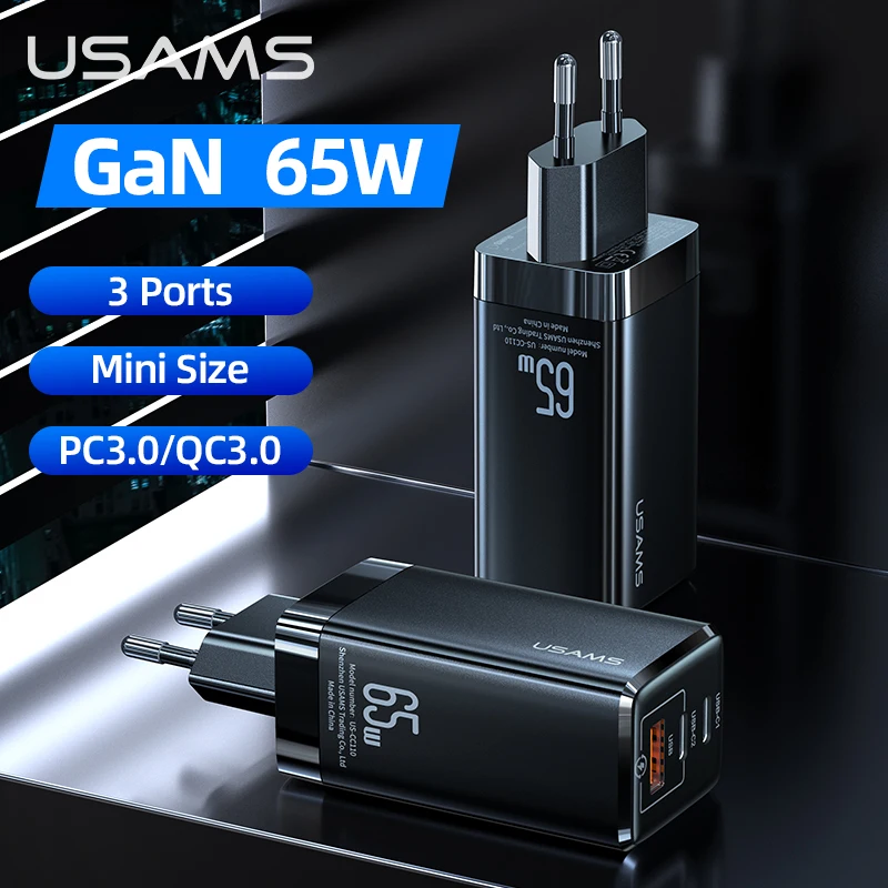 USAMS 65W GaN Charger Super Fast Charge Type C PD USB Charger With QC 3.0 2.0 Quick Charger For iPhone/Huawei/Xiaomi/Laptop