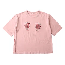 Дизайн, женская летняя футболка с круглым вырезом, милая Женская свободная розовая футболка с вышивкой, топы с коротким рукавом