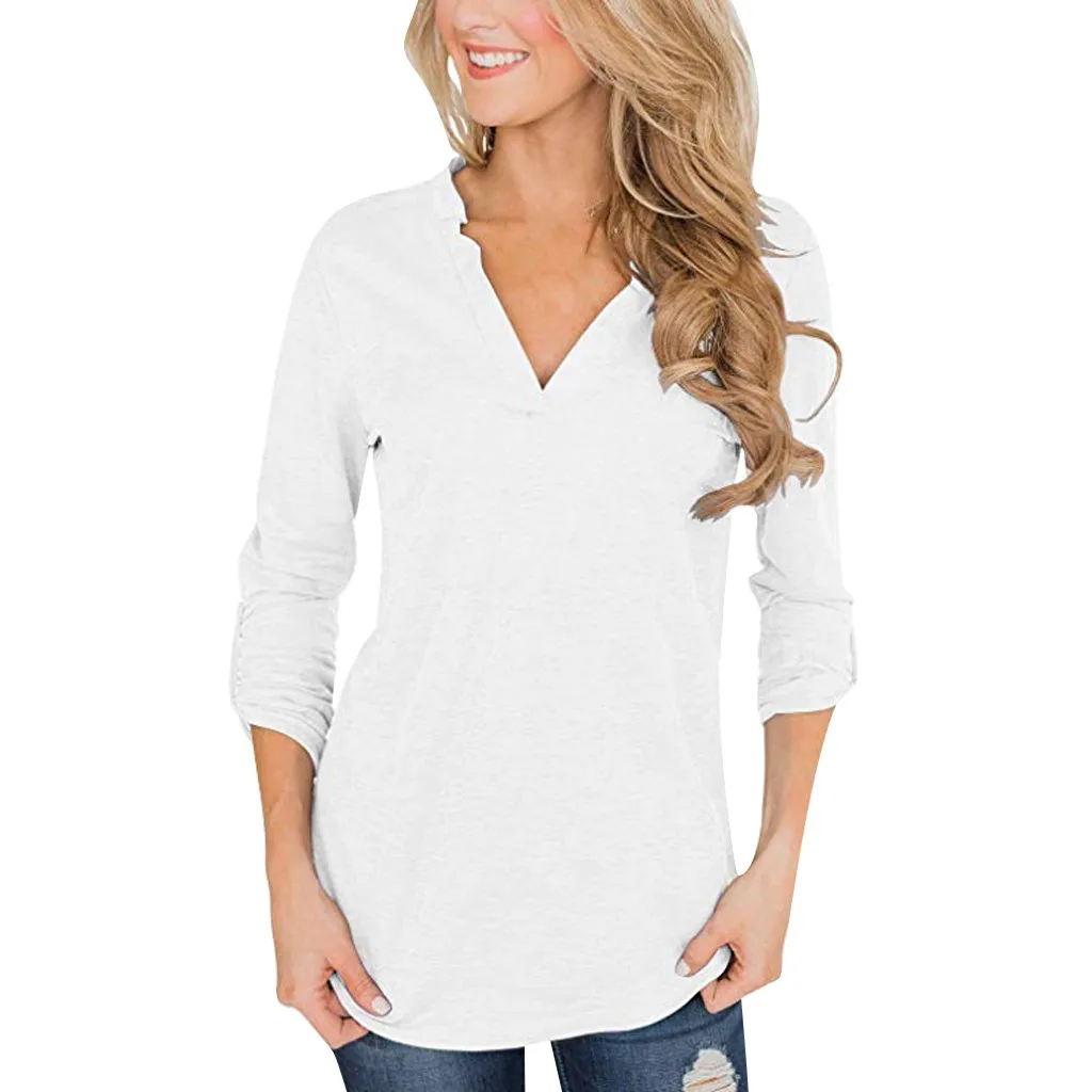 Tshirt Women Fashion 3/4 Roll Sleeve Tops V Neck T-shirt Casual Elegant Camisas Harajuku Camiseta Mujer Top Women T Shirt