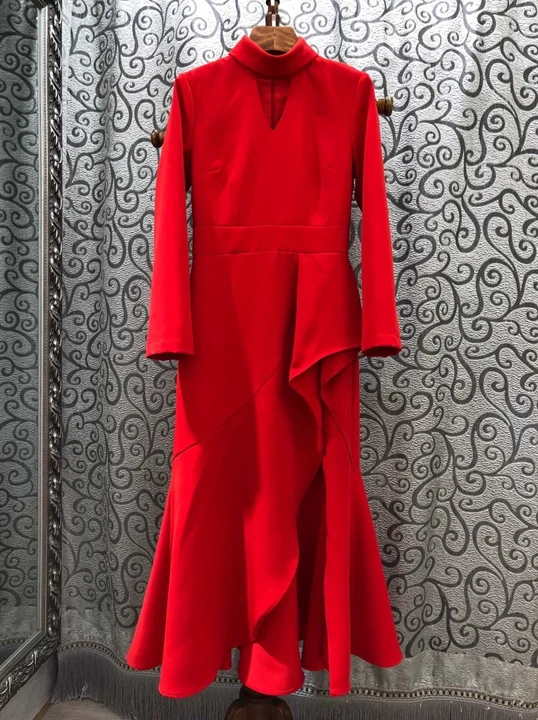 

2019 Early Autumn New Girl High-collar Dress 914 with Irregular Lotus Edge Splicing and Long Sleeve