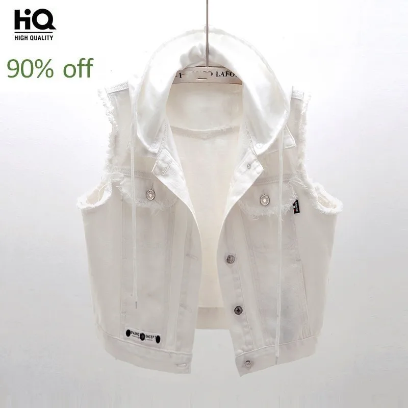 

Fashion Women White Hoody Denim Vest Short Waistcoat Plus Size 5XL Hole Ripped Sleeveless Jacket Casual Tassels Jeans Vests Top