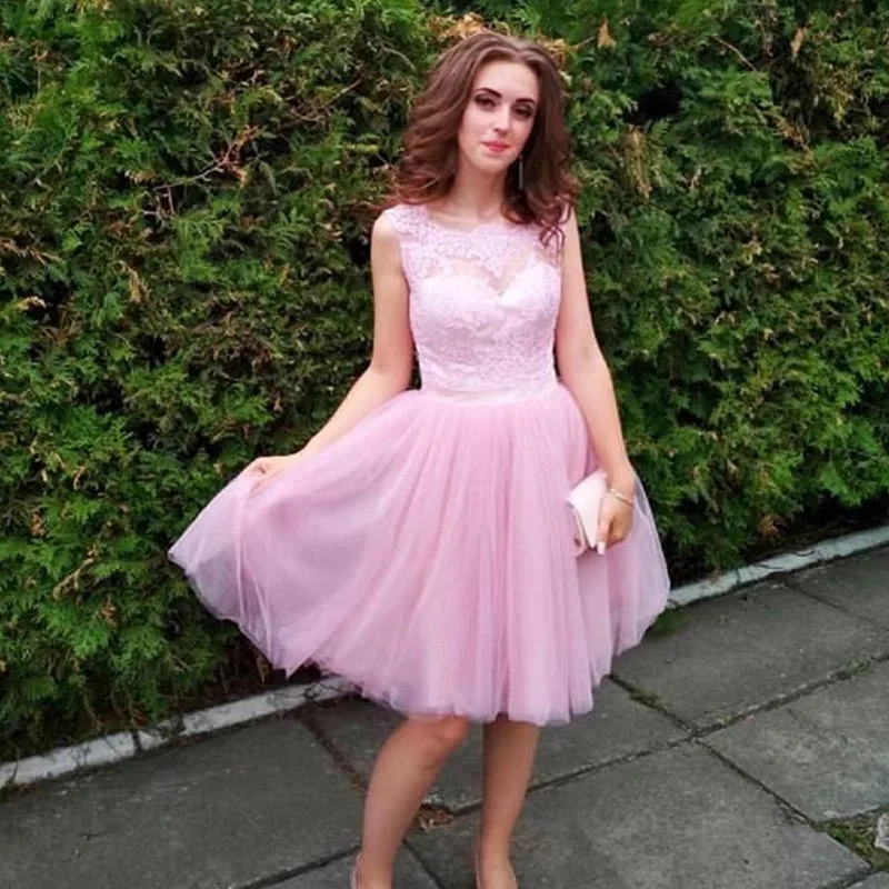 

Pretty Custom Made illusion Tulle Lace Top Pink Homecoming Dresses