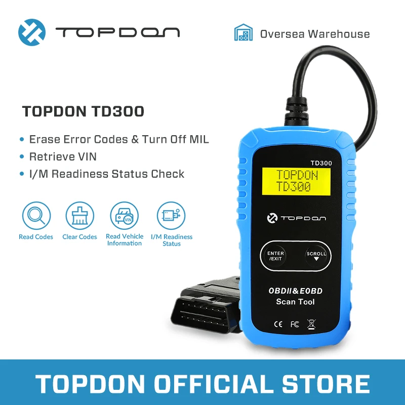 TOPDON OBD2 сканер TD300 Читайте стирания коды неисправностей кодов I/м Readiness для