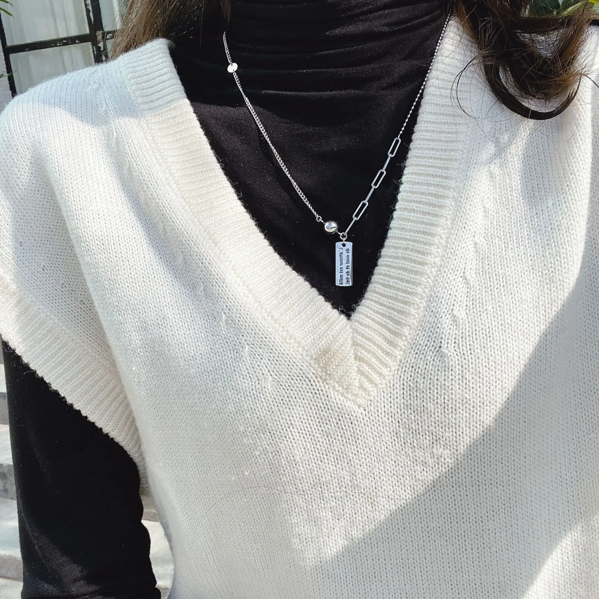

Late Jewelry S925 Fine Silver Retro Japanese Korean Elegant Simple round Beads Lettered Long Board Chunky Chain Necklace N050