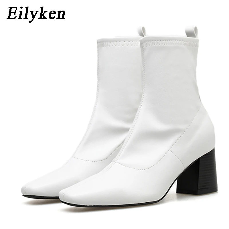 

EilyKen 2019 Spring/Autumn Square Heel Ankle Boots Square Toed Basic Slip-On Casual shoes Women Boots White Black Brown