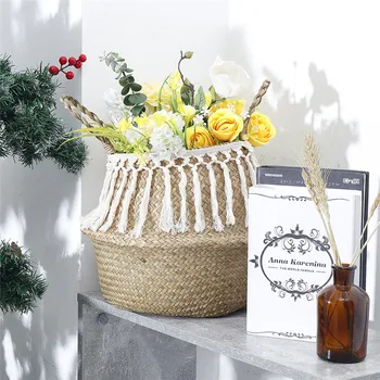 

Fringed Macrame Woven Basket Folding Seagrass Storage Basket Garden Flower Pot Rattan Basket Home Organization Laundry Baskets