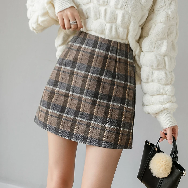 khaki plaid Новинка, зимние клетчатые юбки для женщин, тонкая мини-юбка с высокой талией, Женская Осенняя шерстяная юбка в английском стиле для студентов, saia - Цвет: khaki plaid