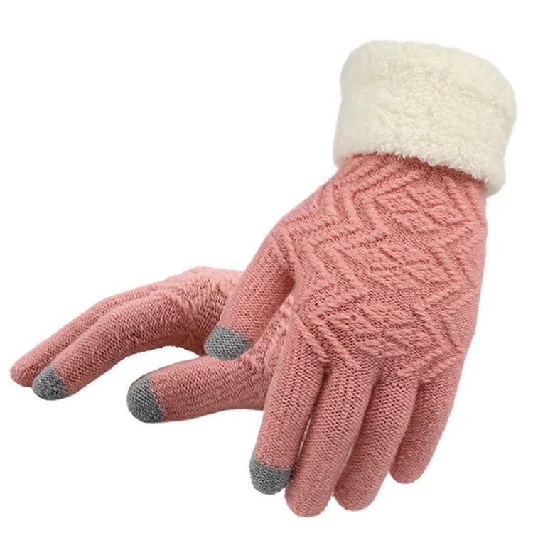 Повседневные женские перчатки, зимние, полиэфирные, геометрические, вязаные, одноцветные, плюс бархат, толстые, полный палец, перчатки для женщин, сенсорный экран