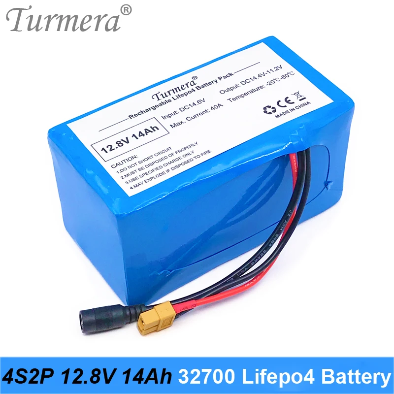 Turmera 32700 Lifepo4 Battery Pack 4S2P 12.8V 14Ah with 4S 40A Balanced BMS for Electric Boat and Uninterrupted Power Supply 12V 07