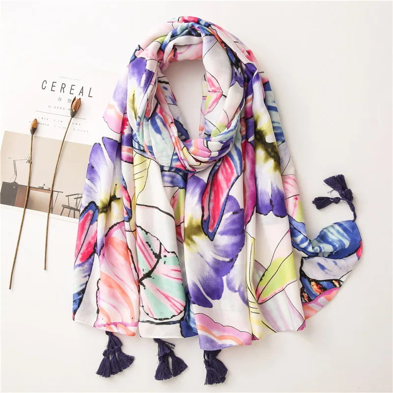 

Ladies Fashion Autumn Abstract Floral Tassel Viscose Scarf High Quality Shawls and Wraps Stole Foulards Muslim Hijab 180*90Cm