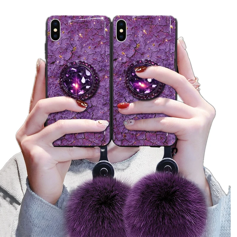 

Designer Case For iPhone 6 6s Plus 7 8 Plus 11 Pro X XR XS MAX Real Fox Fur Wrist Strap Finger Ring Jewel Marble Rhinestone