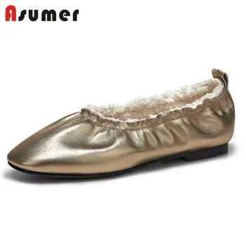 

ASUMER 2020 top quality soft leather ballet shoes ladies round toe warm winter shoes comfortable simple fashion flat shoes women