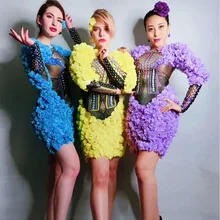 

Yellow Blue Rhinestones Pearls Flowers Club Party Bodycon Dresses Womens Birthday Nightclub Outfit Female Singer Dance Costumes