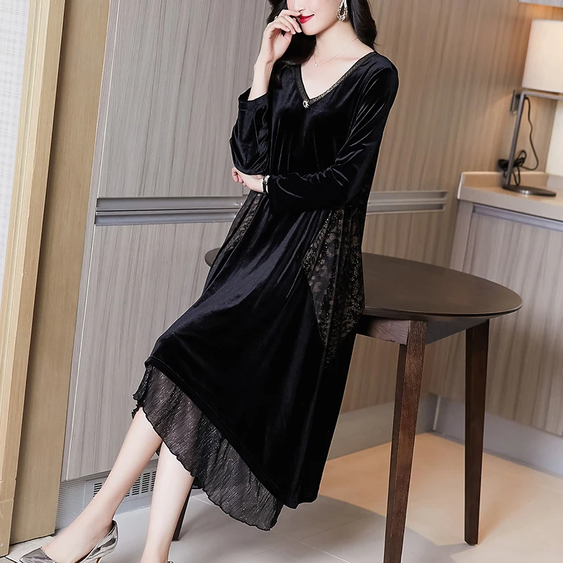 Elegant Women Vintage Casual Black Maxi Dresses 2021 Autumn Winter 5XL Plus...