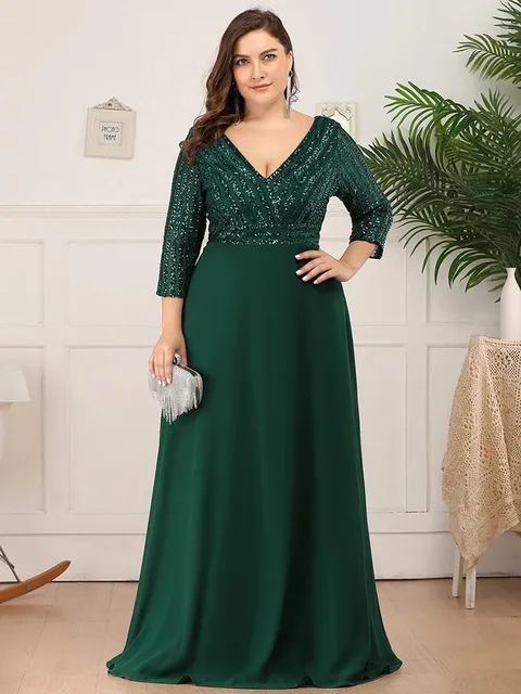 plus size sequined evening dresses ever pretty 3 4 sleeve a line double v neck elegant sparkle party gowns abiye gece elbisesi 5