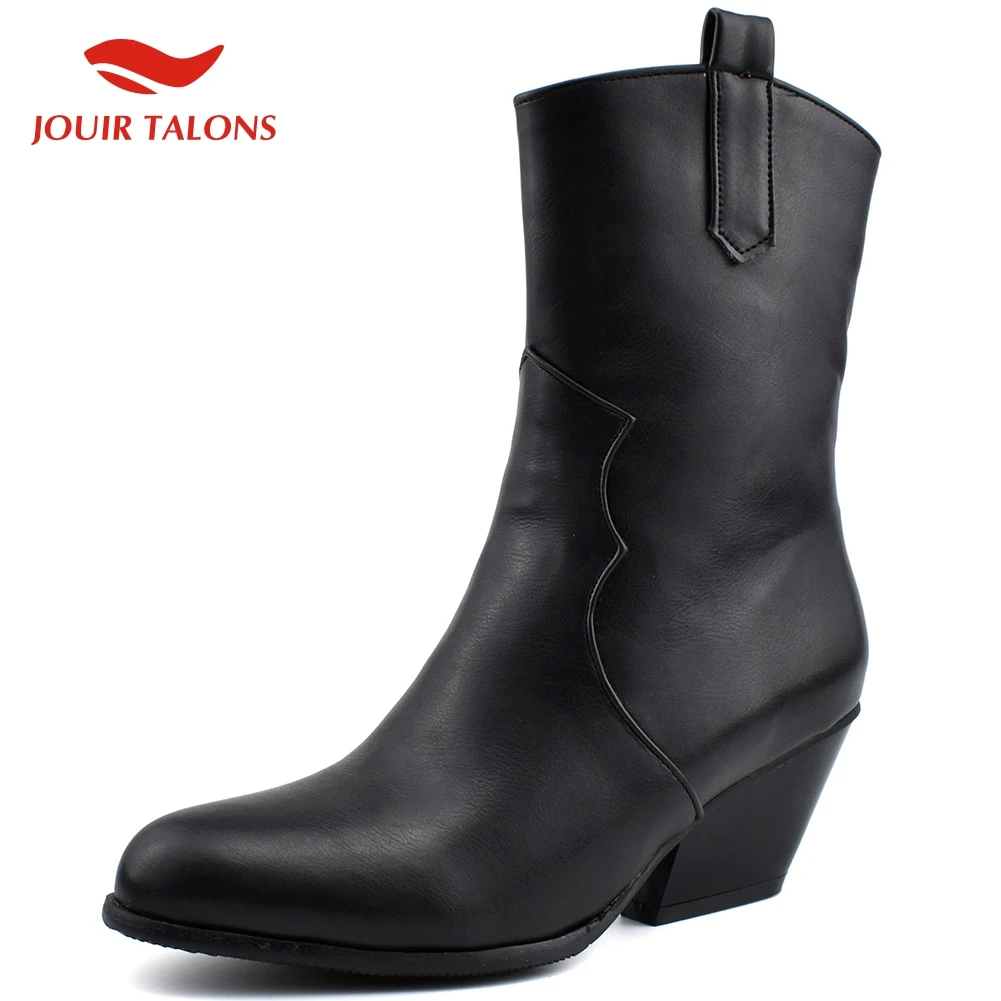 

On Sale Top Quality Mid Calf Boots Women Snake Veins Pointed Toe Lady Chunky Heels Western Boots Shoes Woman Big Size 48
