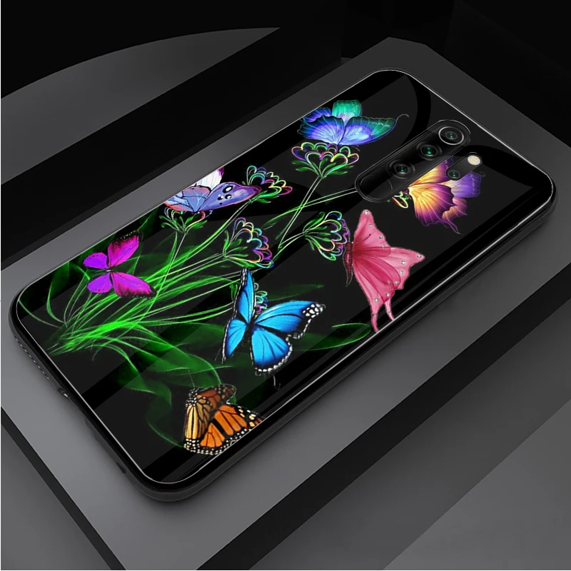 Butterfly Tempered Glass Phone Case For Redmi Note 5 6 7 8 9 Pro Note8T Note9S Pro Redmi7A 8 9 Cover Shell