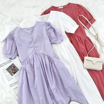 

Solid Color Pleated Dress Women Bubble Sleeve Elegant V-neck Short Sleeve Purple Pink Long Dress