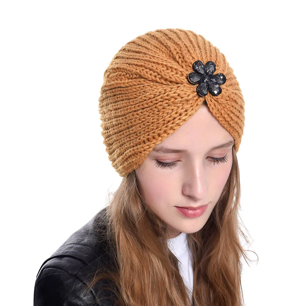 

Bohemian style Winter Hats Men Women Solid Color Soft Warm Knitted Bonnet Hat Caps Flower Diamond women turbans Hot Sales