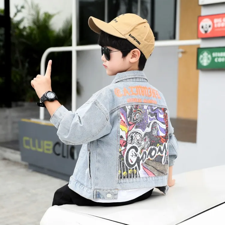 

Boys' Clothes Autumn Clothing New Style 2019 Big Kid Ironing Patch Lettered Short Cowboy Jacket 14-Year-Old Children Spring Autu