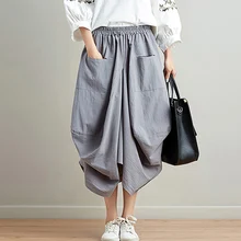 Хлопок, лен, летняя юбка миди, Ретро стиль, Женская эластичная высокая талия, свободная юбка с карманами, Женская Смешанная повседневная юбка, Saia Feminina