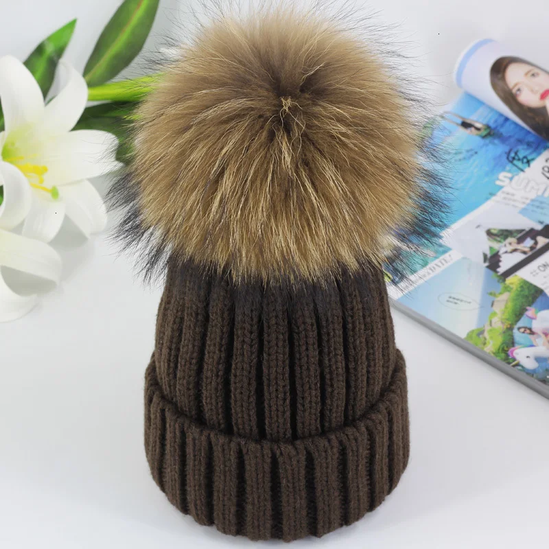 Winter Brand Female Fur Pom Poms hat Winter Hat For Women Girl 's Hat Knitted Beanies Cap Hat Thick Women Skullies Beanies - Цвет: Coffee