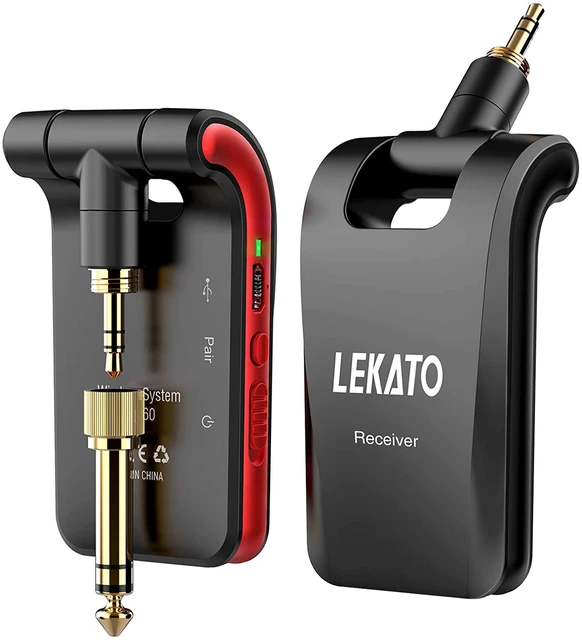 LEKATO Système de guitare sans fil Émetteur et récepteur de guitare stéréo sans  fil 1/4et 1/8 Fiches 2 en 1 6 canaux 2,4 GHz Rechargeable pour guitare  électrique, basse, clavier : 