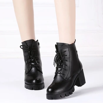 

Winter Women Ankle Boots Genuine Leather High Square Heel Snow Ladies Warm Platform Furry Black Shoes Wool Zapatos De Mujer