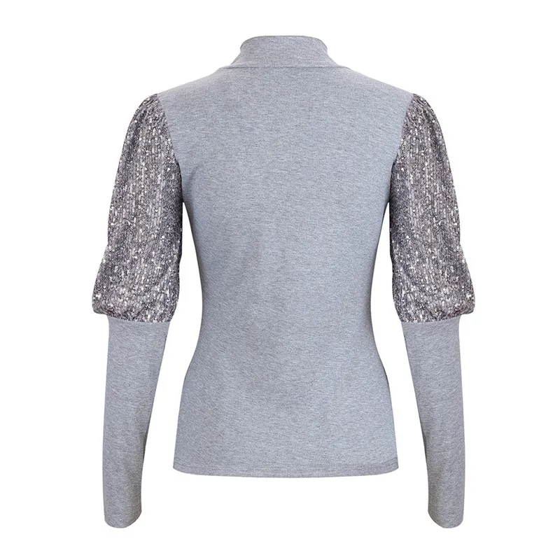 Wuhaobo Gray Black Red Fashion Shine Sequins Tops T Shirt Women Sexy Broad Sleeve O Neck Slim Tee Shirts