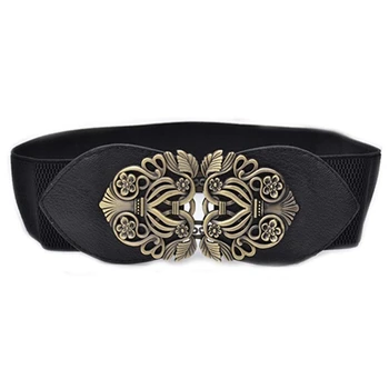 

Women's Retro Flower Elastic Stretch Buckle Wide Waist Belt Waistband (Black)