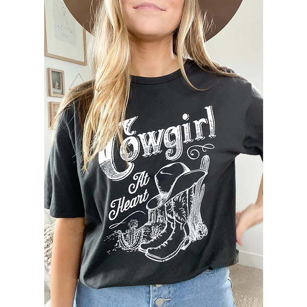 

Sunfiz-WW Cowgirl At Heart Print Summer Women Harajuku Tshirts Cute Cactus Hat Riding Boots Graphic Oversized Tops Female Vintag