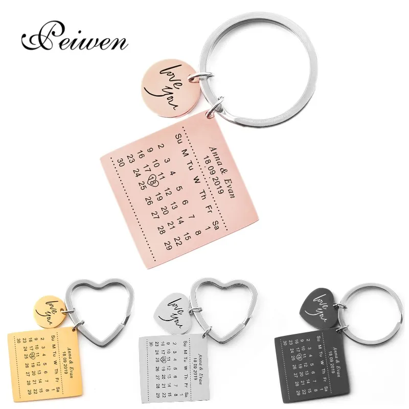 

Personalized Calendar Keychain Hand Carved Calendar Highlighted with Heart Date Keyring Stainless Steel Private Custom Name Date