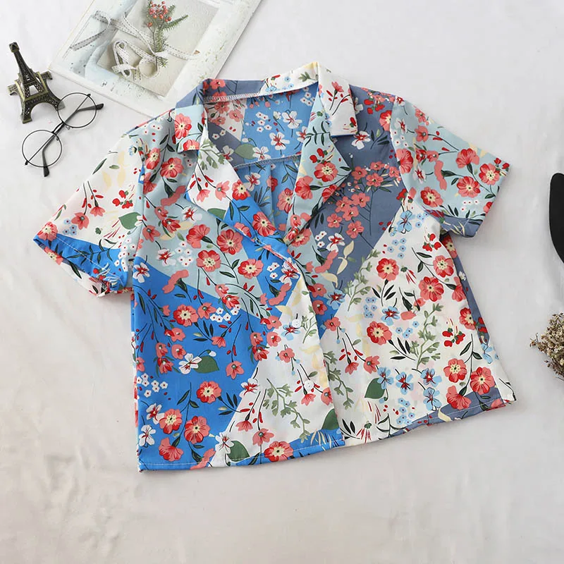 BLUE Heliar блузка с цветочным принтом Топ с коротким рукавом Женский Топ с баской Boho T женский летние элегантные футболки для женщин - Цвет: BLUE