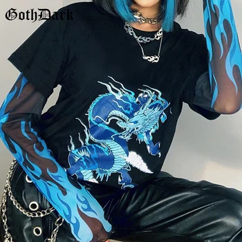 

Goth Dark Harajuku Gothic Patchwork T-shirts E-Girl Aesthetic Graphic Printed Y2k Style Mesh T-shirt Loose Punk Women Streetwear