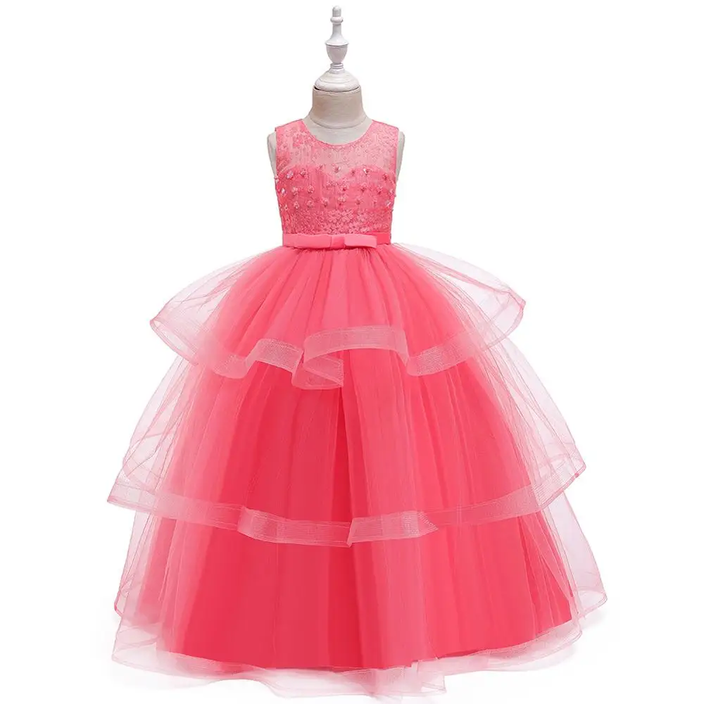 4-14 year old girl new year party evening dress children sweet fluffy wedding dress lace bead kids girls catwalk clothes - Цвет: watermelon red