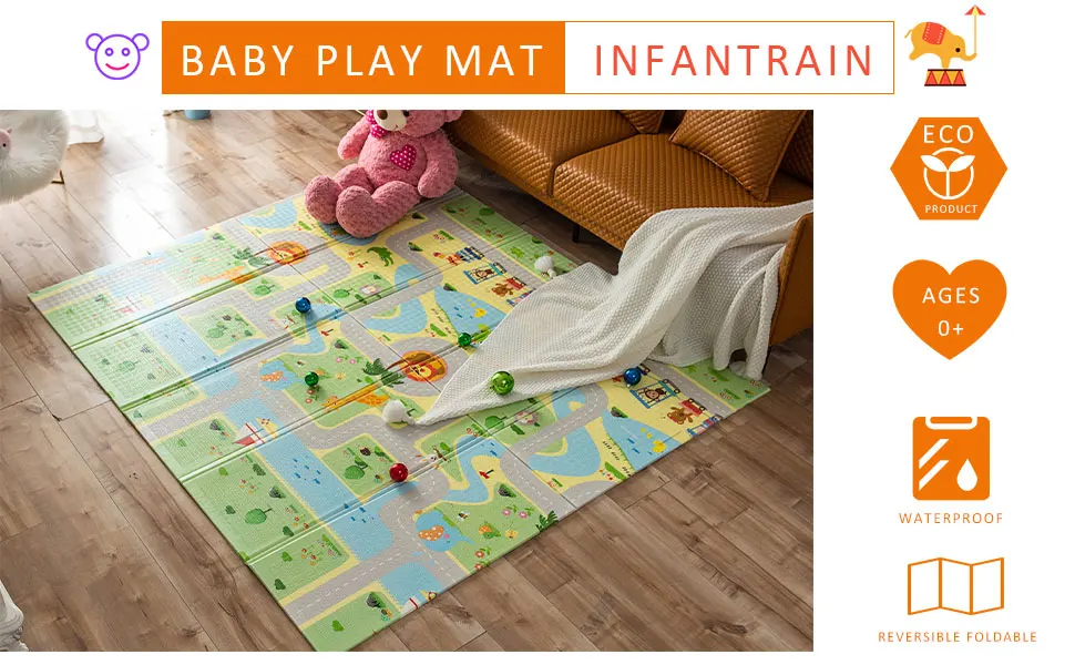 INFANTRAIN Baby Play Mat Foldable Kids Playmat Infants Reversible XPE Crawling Mat Toddlers Foam Play Mat Non-Toxic Size 200*180