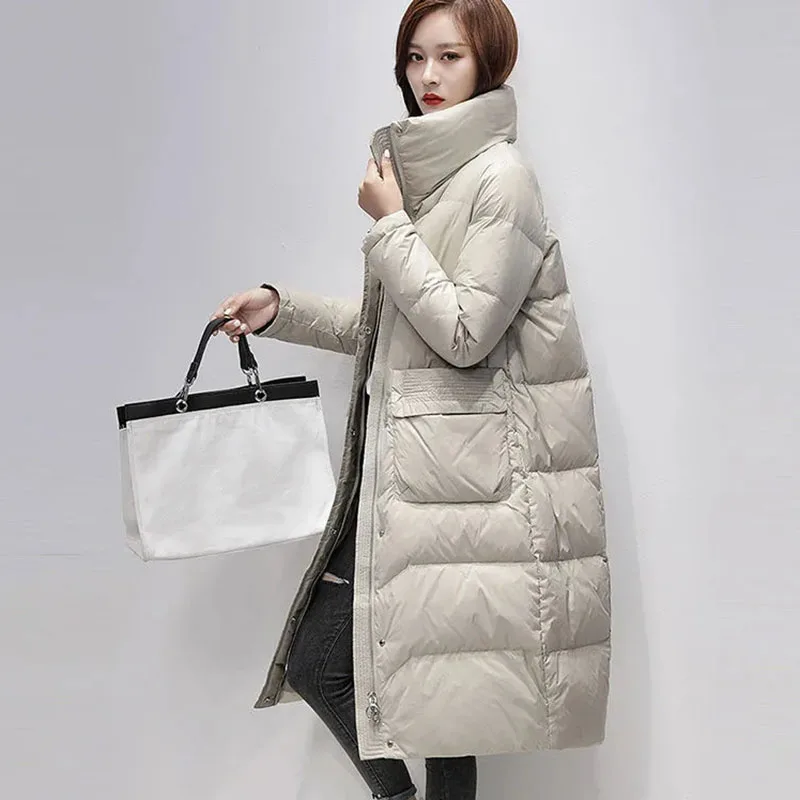 

New Women's Long Down Jacket Casual Parka Overcoat Winter Jackets Zipper Big Pocket Cold White Duck Down Outerwear Windproof Coa