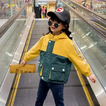 

2020 New Spring Autumn Big Pockets Windbreaker Coat Girls Casual Streetwear Kids Hooded Outwear Korean Coats Jacket Clothing
