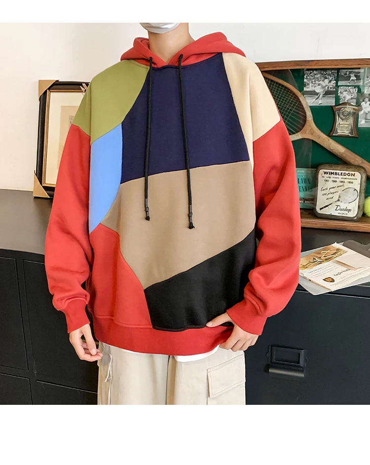 LAPPSTER Men Fleece Patchwork Hooded Hoodies Mens Japanese Streetwear Sweatshirts Korean Harajuku Winter Hip Hop Clothing