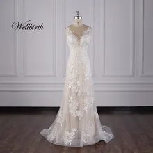 Реальное изображение Wellbirth свадебное платье русалки с v-образным вырезом и молнией сзади со съемным шлейфом JC036