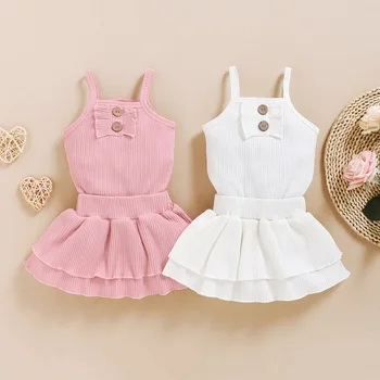 

Summer Baby Girls Clothes Sets Cotton Sling Rompers Tops Solid Pink White Color Skirt Kit Kids Two-piece Outfit 1-4Y New