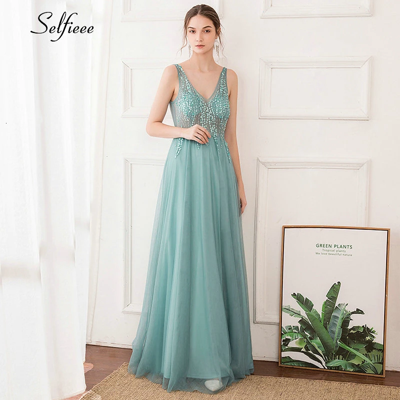 

Elegant Ladies Party Dress A-line See-through Sleeveless Double V-neck Maxi Dress New Fashion Women Dress Lange Jurken 2019
