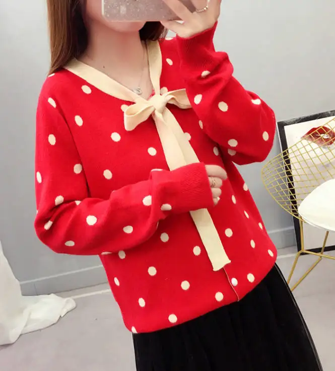 red Neploe Pull Femme Осенняя модная повседневная трикотажная куртка с бантом женская трикотажная кофта кардиганы Корейский свободный свитер куртка 54891 - Цвет: red