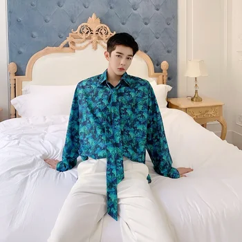 

2020 Spring And Autumn New Homemade Orchid Printing Temperament Retro Loose Long-sleeved Shirt Fashion Casual Jacket Coat Blue