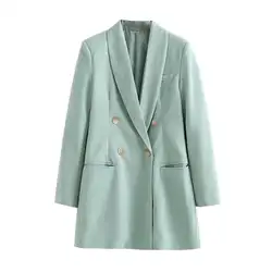 2019 женское элегантное пальто мятного цвета с длинным рукавом, двубортный однотонный блейзер с карманами и v-образным вырезом, офисный