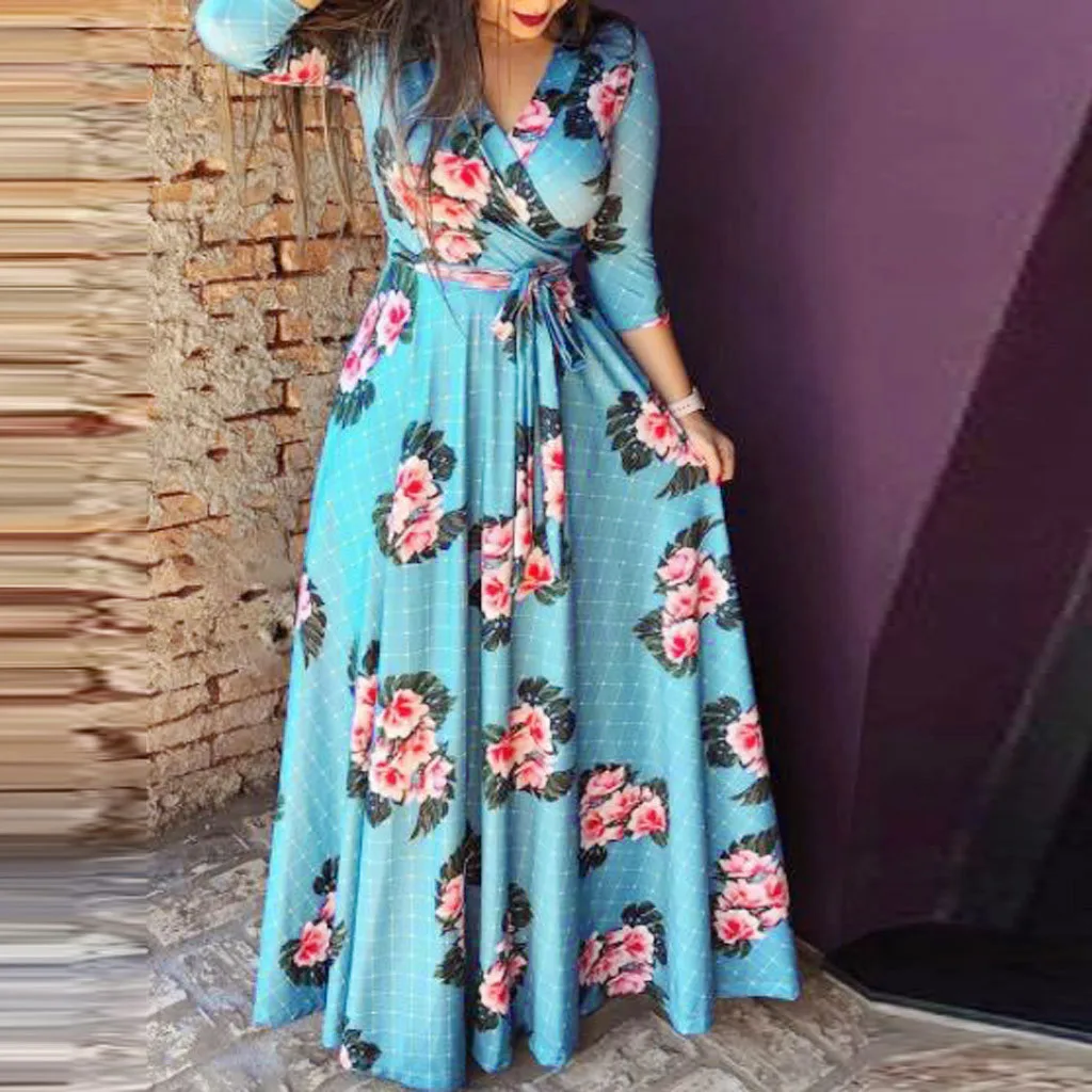 

Bohemia Women Oversized Long Dress Autumn Floral Print Long Sleeve Casual Dresses Lady Elegant Vacation V-neck Slim Maxidress