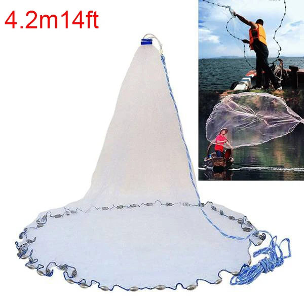 NEW-14Ft 4.2M Fishing Net Bait Easy Throw Hand Cast Strong Nylon Mesh Sinker