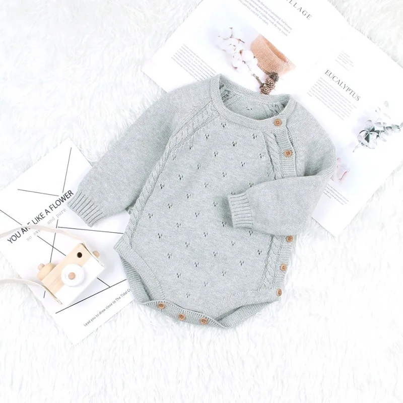 Infant Baby Long Sleeve Solid Print Rompers Kids Girls Boys Knitted Jumpsuit Newborn Children Clothes