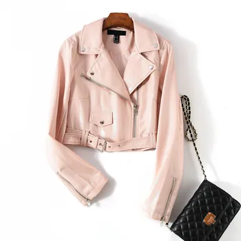 

2020 Women Faux Leather Jacket Fashion Belt-tied Pink Jacket Coats Zipper Coats Basic Turn-down Collar Motor Biker Jacket Womens